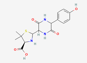 Two-dimensional chemical structure of (4S)-2-(5-(4-hydroxyphenyl)-3,6-dioxopiperazin-2-yl)-5,5-dimethylthiazolidine-4-carboxylic acid