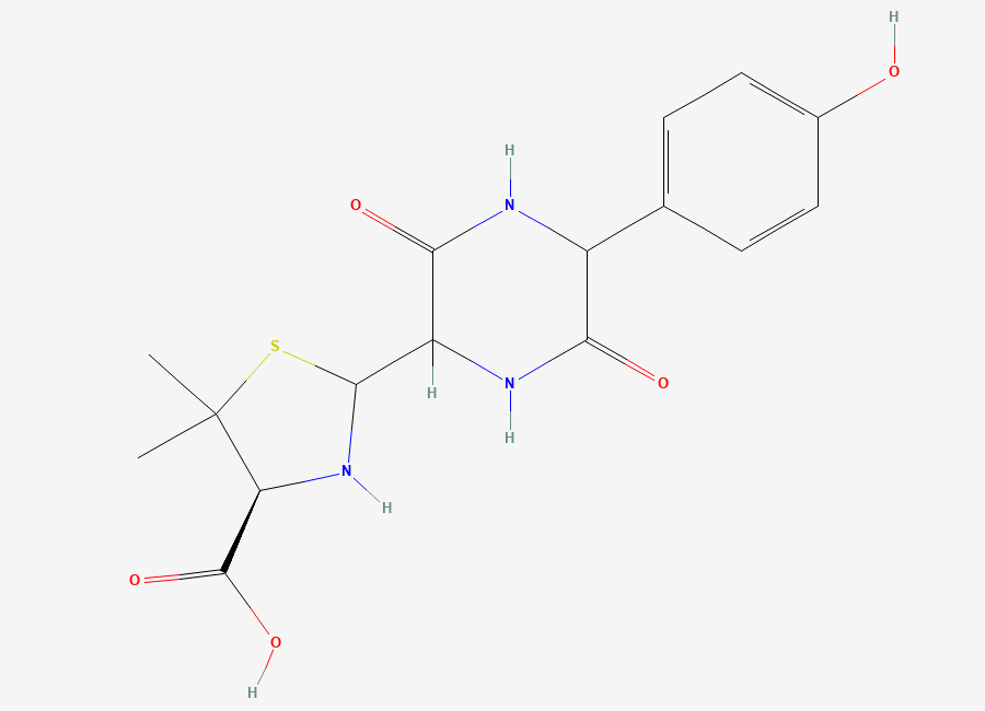 Two-dimensional chemical structure of (4S)-2-(5-(4-hydroxyphenyl)-3,6-dioxopiperazin-2-yl)-5,5-dimethylthiazolidine-4-carboxylic acid