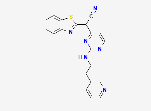 Two-dimensional chemical structure of 1,3-Benzothiazol-2-yl(2-((2-(3-pyridinyl)ethyl)amino)-4-pyrimidinyl)acetonitrile