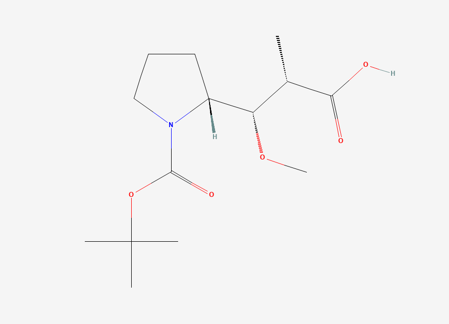Two-dimensional chemical structure of (2S,3S)-3-((R)-1-(tert-Butoxycarbonyl)pyrrolidin-2-yl)-3-methoxy-2-methylpropanoic Acid, CAS 2380877-12-1