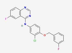 Two-dimensional chemical structure of N-[3-Chloro-4-[(3-fluorophenyl)methoxy]phenyl]-6-iodo-4-quinazolinamine, CAS 231278-20-9