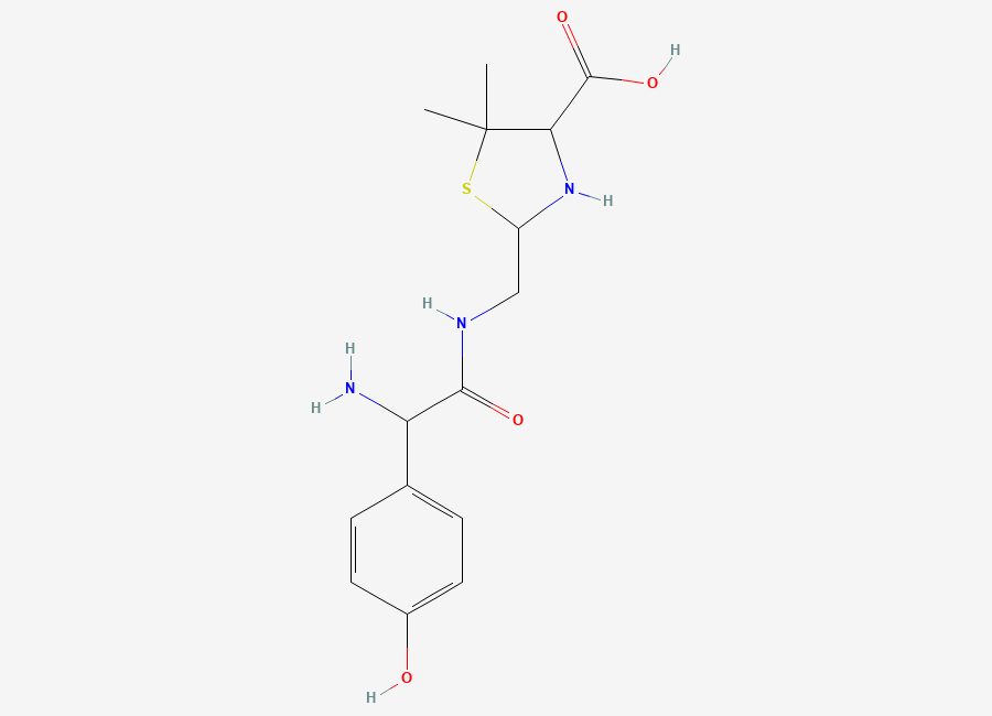 Two-dimensional chemical structure of (4S)-2-(((R)-2-Amino-2-(4-hydroxyphenyl)acetamido)-methyl)-5,5-dimethylthiazolidine-4-carboxylic acid