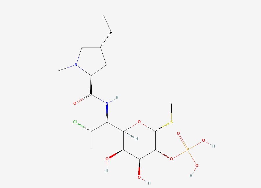 Two-dimensional chemical structure of (2R,3R,4S,5R,6R)-6-((1S,2S)-2-Chloro-1-((2S,4R)-4-ethyl-1-methylpyrrolidine-2-carboxamido)propyl)-4,5-dihydroxy-2-(methylthio)tetrahydro-2H-pyran-3-yl dihydrogen phosphate