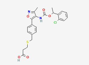 Two-dimensional chemical structure of 3-(((4-(4-(((1-(2-Chlorophenyl)ethoxy)carbonyl)amino)-3-methyl-5-isoxazolyl)phenyl)methyl)thio)propanoic acid