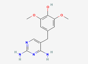 Two-dimensional chemical structure of 4-((2,4-Diaminopyrimidin-5-yl)methyl)-2,6-dimethoxyphenol / Trimethoprim Impurity Y / 4-Demethyltrimethoprim, CAS 21253-58-7