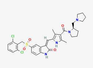 Two-dimensional chemical structure of (3Z)-5-(((2,6-Dichlorophenyl)methyl)sulfonyl)-3-((3,5-dimethyl-4-(((2R)-2-(1-pyrrolidinylmethyl)-1-pyrrolidinyl)carbonyl)-1H-pyrrol-2-yl)methylene)-1,3-dihydro-2H-indol-2-one