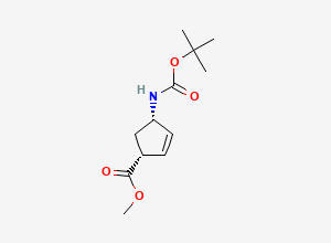 Two-dimensional chemical structure of (1R,4S)-methyl 4-(tert-butoxycarbonylamino)cyclopent-2-enecarboxylate, CAS 251326-99-5