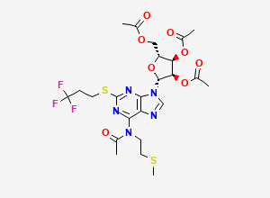 Two-dimensional chemical structure of (2R,3R,4R,5R)-2-(Acetoxymethyl)-5-(6-(N-(2-(methylthio)ethyl)acetamido)-2-((3,3,3-trifluoropropyl)thio)-9H-purin-9-yl)tetrahydrofuran-3,4-diyl diacetate