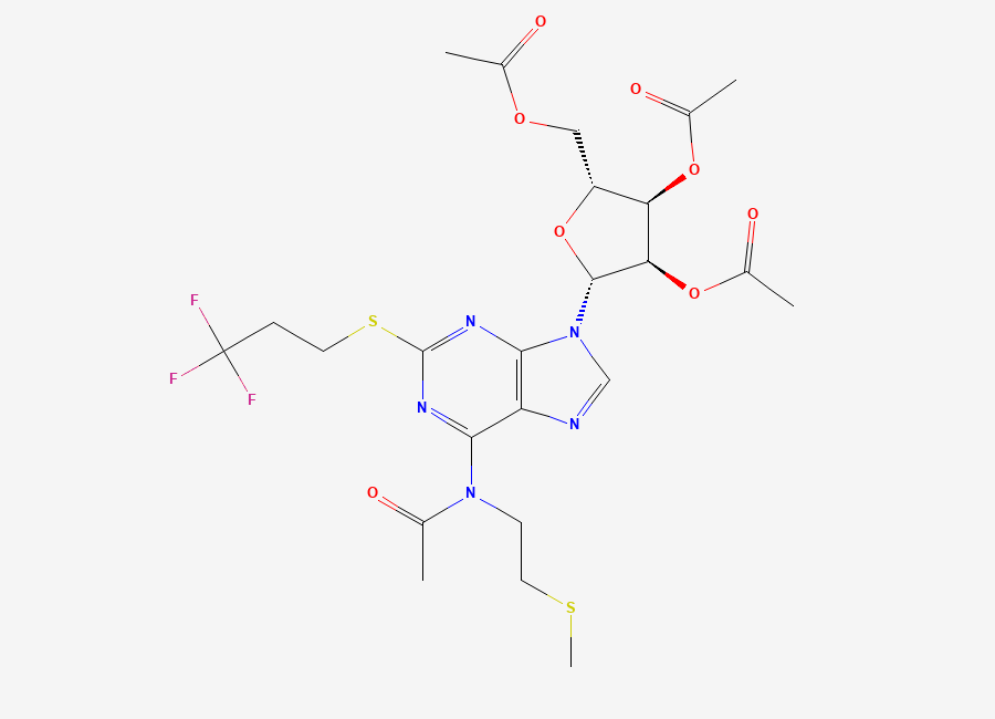 Two-dimensional chemical structure of (2R,3R,4R,5R)-2-(Acetoxymethyl)-5-(6-(N-(2-(methylthio)ethyl)acetamido)-2-((3,3,3-trifluoropropyl)thio)-9H-purin-9-yl)tetrahydrofuran-3,4-diyl diacetate