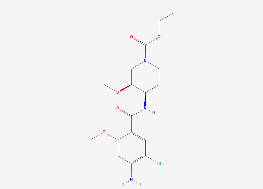 Two-dimensional chemical structure of cis-4-Amino-N-(1-carbethoxy-3-methoxy-4-piperidinyl)-5-chloro-2-methoxybenzamide, CAS 83863-70-1