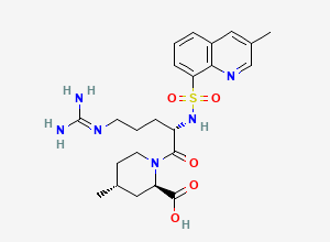 Two-dimensional chemical structure of (2R,4R)-1-((S)-5-guanidino-2-(3-methylquinoline-8-sulfonamido)pentanoyl)-4-methylpiperidine-2-carboxylic acid, CAS 951130-92-0