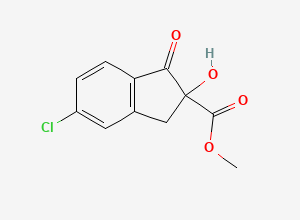 Two-dimensional chemical structure of methyl 5-chloro-2-hydroxy-1-oxo-2,3-dihydro-1H-indene-2-carboxylate, CAS 144172-24-7
