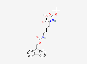 Two-dimensional chemical structure of (2S)-2-(((tert-butoxy)carbonyl)amino)-6-((((9H-fluoren-9-yl)methoxy)carbonyl)amino)hexanoic acid