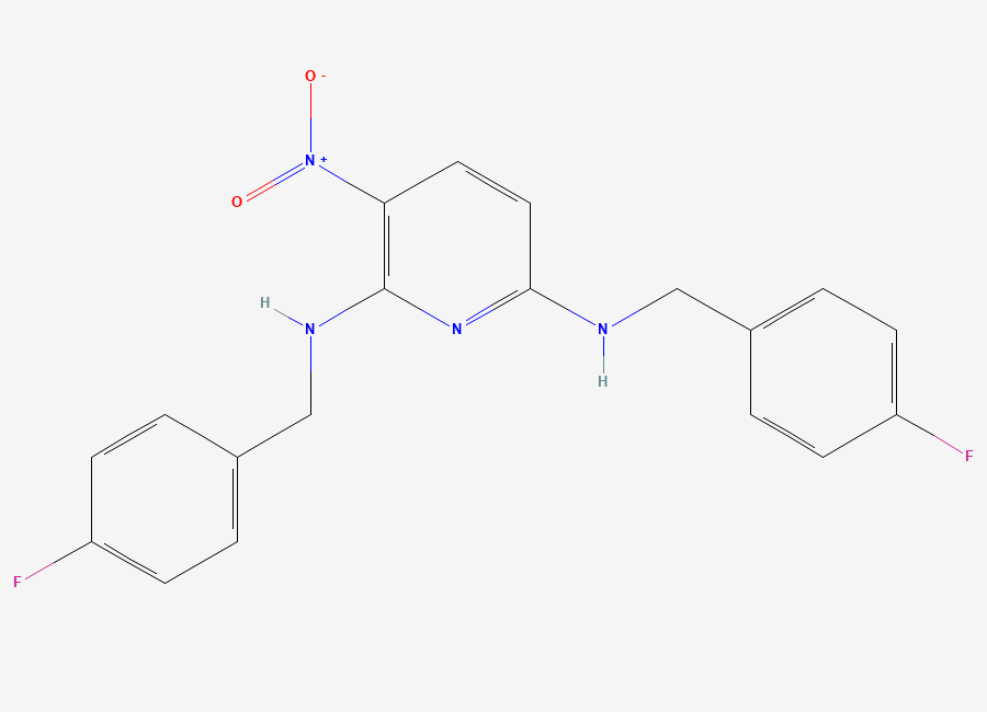 Two-dimensional chemical structure of N'N-2,6-Bis(4-fluorobenzyl)-3-nitro-pyridine-2,6-diamine