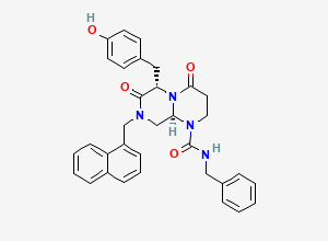 Two-dimensional chemical structure of (6S,9aS)-N-benzyl-6-(4-hydroxybenzyl)-8-(naphthalen-1-ylmethyl)-4,7-dioxooctahydro-1H-pyrazino[1,2-a]pyrimidine-1-carboxamide