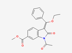 Two-dimensional chemical structure of Methyl (Z)-1-acetyl-3-(ethoxy(phenyl)methylene)-2-oxoindoline-6-carboxylate, CAS 1027407-75-5