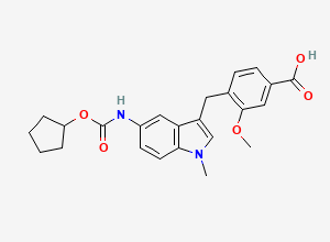 Two-dimensional chemical structure of 4-[[5-[[(Cyclopentyloxy)carbonyl]amino]-1-methyl-1H-indol-3-yl]methyl]-3-methoxybenzoic acid, CAS 107754-20-1
