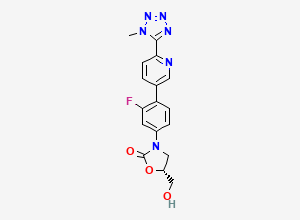 Two-dimensional chemical structure of (5R)-3-(3-Fluoro-4-(6-(1-methyl-1H-tetrazol-5-yl)-3-pyridinyl)phenyl)-5-(hydroxymethyl)-2-oxazolidinone