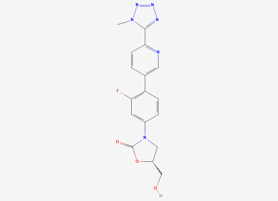 Two-dimensional chemical structure of (5R)-3-(3-Fluoro-4-(6-(1-methyl-1H-tetrazol-5-yl)-3-pyridinyl)phenyl)-5-(hydroxymethyl)-2-oxazolidinone