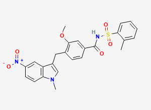 Two-dimensional chemical structure of 3-Methoxy-4-((1-methyl-5-nitro-1H-indol-3-yl)methyl)-N-(o-tolylsulfonyl)benzamide, CAS 143052-95-3