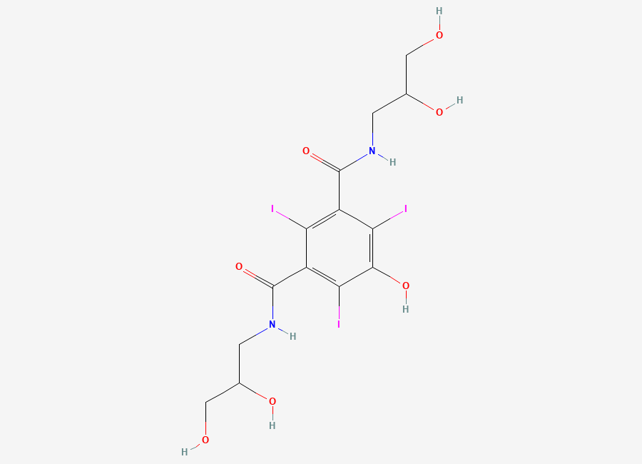 Two-dimensional chemical structure of N1,N3-Bis(2,3-dihydroxypropyl)-5-hydroxy-2,4,6-triiodo-1,3-benzenedicarboxamide