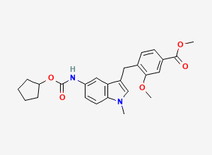 Two-dimensional chemical structure of 4-[[5-[[(Cyclopentyloxy)carbonyl]amino]-1-methyl-1H-indol-3-yl]methyl]-3-methoxy-benzoic acid methyl ester, CAS 107754-19-8