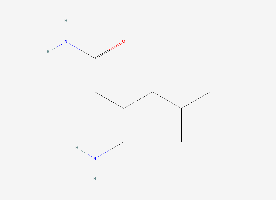 Two-dimensional chemical structure of 3-(Aminomethyl)-5-methylhexanamide, CAS 1026009-73-3