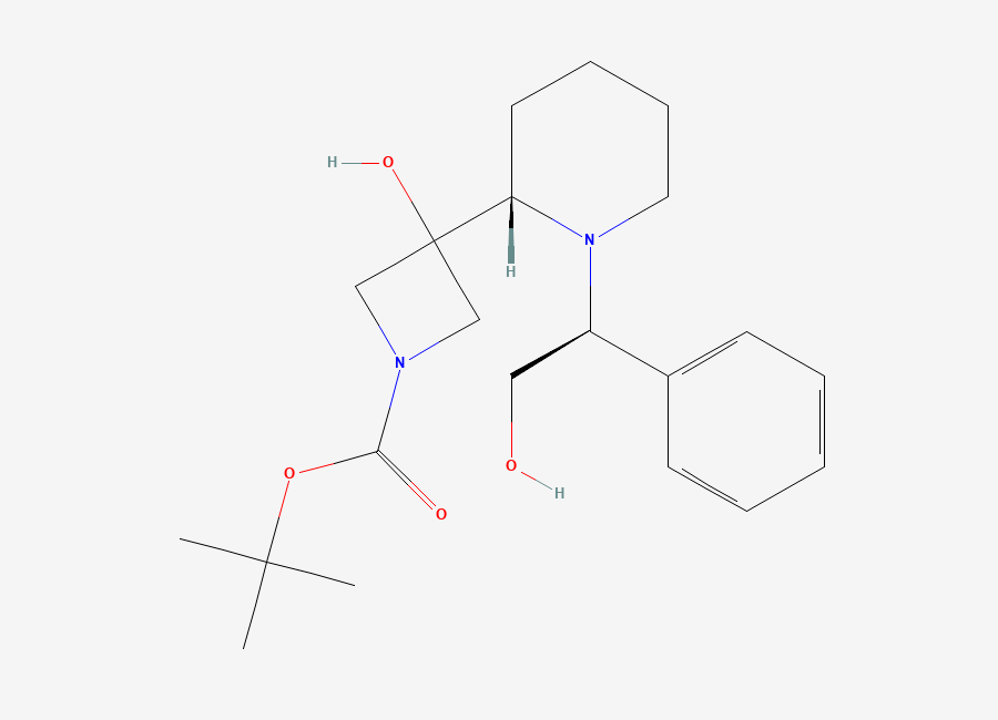 Two-dimensional chemical structure of Tert-butyl 3-hydroxy-3-((S)-1-((S)-2-hydroxy-1-phenylethyl)piperidin-2-yl)azetidine-1-carboxylate, CAS 1597407-56-1