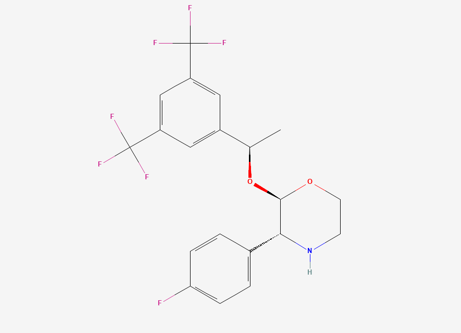Two-dimensional chemical structure of (2R,3R)-2-((R)-1-(3,5-Bis(trifluoromethyl)phenyl)ethoxy)-3-(4-fluorophenyl)morpholine, CAS 380499-06-9
