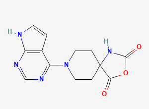 Two-dimensional chemical structure of 8-(7H-Pyrrolo[2,3-d]pyrimidin-4-yl)-3-oxa-1,8-diazaspiro[4.5]decane-2,4-dione, CAS 1835762-06-5