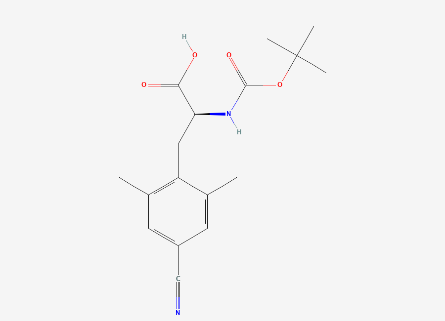 Two-dimensional chemical structure of (S)-2-((tert-Butoxycarbonyl)amino)-3-(4-cyano-2,6-dimethylphenyl)propanoic Acid, CAS 1870867-59-6