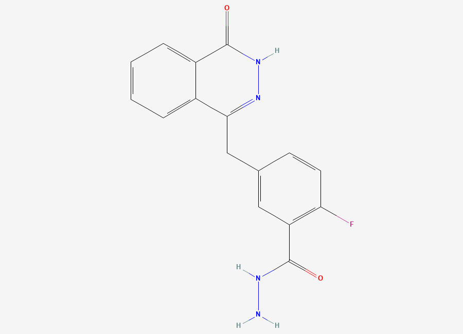 Two-dimensional chemical structure of 2-Fluoro-5-((4-oxo-3,4-dihydrophthalazin-1-yl)methyl)benzohydrazide