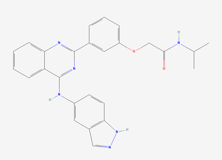 Two-dimensional chemical structure of 2-(3-(4-(1H-Indazol-5-ylamino)-2-quinazolinyl)phenoxy)-N-(1-methylethyl)acetamide, CAS 911417-87-3