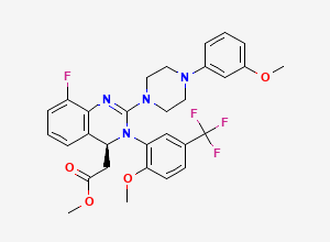 Two-dimensional chemical structure of (S)-methyl 2-(8-fluoro-3-(2-methoxy-5-(trifluoromethyl)phenyl)-2-(4-(3-methoxyphenyl)piperazin-1-yl)-3,4-dihydroquinazolin-4-yl)acetate, CAS 917389-29-8