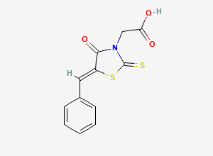 Two-dimensional chemical structure of [(5Z)-5-benzylidene-4-oxo-2-thioxo-1,3-thiazolidin-3-yl]acetic acid, CAS 1151944-57-8