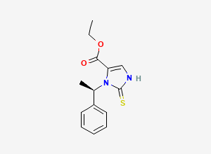 Two-dimensional chemical structure of 1H-Imidazole-4-carboxylic acid, 2,3-dihydro-3-[(1R)-1-phenylethyl]-2-thioxo-, ethyl ester, CAS 84711-26-2