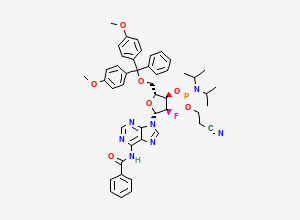 Two-dimensional chemical structure of N-(9-((2R,3R,4R,5R)-5-((bis(4-methoxyphenyl)-phenylmethoxy)methyl)-4-(2-cyanoethoxy-(di(propan-2-yl)amino)phosphanyl)oxy-3-fluorooxolan-2-yl)purin-6-yl)benzamide