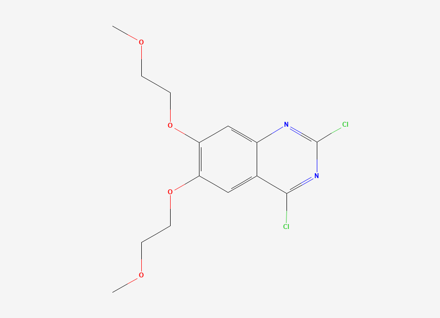 Two-dimensional chemical structure of 2,4-Dichloro-6,7-bis(2-methoxyethoxy)quinazoline, CAS 1710372-46-5