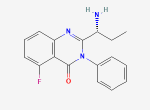 Two-dimensional chemical structure of 4(3H)-Quinazolinone, 2-[(1R)-1-aminopropyl]-5-fluoro-3-phenyl, CAS 2044710-26-9