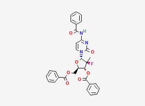 Two-dimensional chemical structure of (2R,3R,4S,5S)-5-(4-Benzamido-2-oxopyrimidin-1(2H)-yl)-2-((benzoyloxy)methyl)-4-fluoro-4-methyltetrahydrofuran-3-yl benzoate