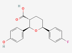 Two-dimensional chemical structure of (2R,3R,6S)-6-(4-Fluorophenyl)tetrahydro-2-(4-hydroxyphenyl)-2H-pyran-3-carboxylic Acid, CAS 1618657-31-0