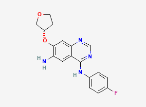 Two-dimensional chemical structure of (S)-N4-(4-FLUOROPHENYL)-7-((TETRAHYDROFURAN-3-YL)OXY)QUINAZOLINE-4,6-DIAMINE, CAS 2413212-07-2