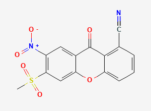 Two-dimensional chemical structure of 6-(Methylsulfonyl)-7-nitro-9-oxo-9H-xanthene-1-carbonitrile, CAS 2469274-10-8