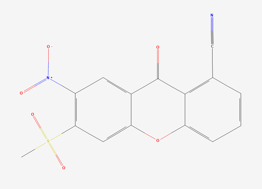 Two-dimensional chemical structure of 6-(Methylsulfonyl)-7-nitro-9-oxo-9H-xanthene-1-carbonitrile, CAS 2469274-10-8