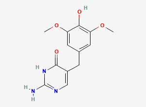 Two-dimensional chemical structure of 2-Amino-5-(4-hydroxy-3,5-dimethoxybenzyl)pyrimidin-4(3H)-one, CAS 72920-13-9