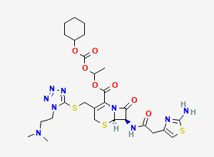 Two-dimensional chemical structure of 1-(((Cyclohexyloxy)carbonyl)oxy)ethyl (6R,7R)-7-(((2-amino-4-thiazolyl)acetyl)amino)-3-(((1-(2-(dimethylamino)ethyl)-1H-tetrazol-5-yl)thio)methyl)-8-oxo-5-thia-1-azabicyclo(4.2.0)oct-2-ene-2-carboxylate