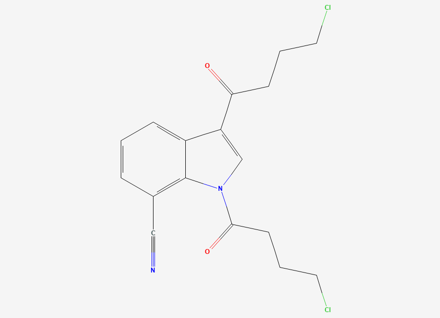 Two-dimensional chemical structure of 1,3-bis(4-chlorobutanoyl)indole-7-carbonitrile