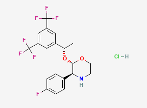 Two-dimensional chemical structure of (2S,3S)-2-[(1S)-1-[3,5-bis(trifluoromethyl)phenyl]ethoxy]-3-(4-fluorophenyl)morpholine;hydrochloride