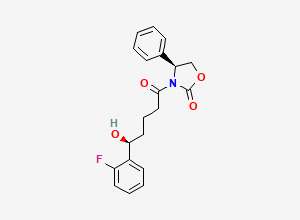 Two-dimensional chemical structure of (4S)-3-[(5S)-5-(2-Fluorophenyl)-5-hydroxypentanoyl]-4-phenyl-1,3-oxazolidin-2-one, CAS 2512202-06-9