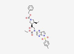 Two-dimensional chemical structure of 1-Pyrrolidinecarboxylic acid, 3-(2-((ethoxycarbonyl)(5-((4-methylphenyl)sulfonyl)-5H-pyrrolo(2,3-b)pyrazin-2-yl)amino)acetyl)-4-ethyl-, phenylmethyl ester, (3R,4S)-